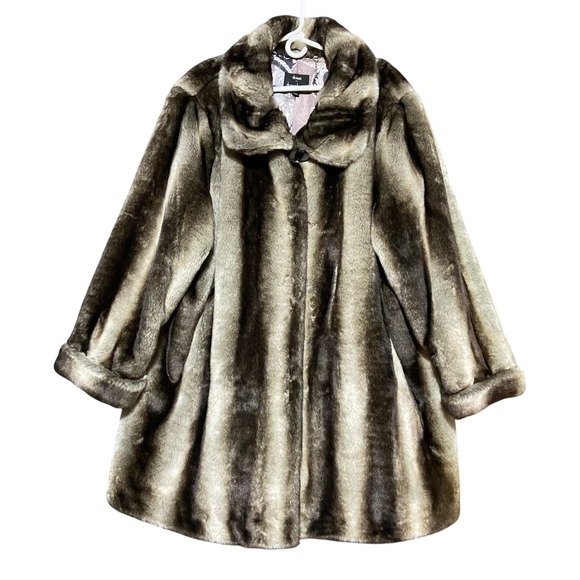Dennis Basso Faux Fur Coat Brown Grey Stripes Silky Printed Satin Lining 3X